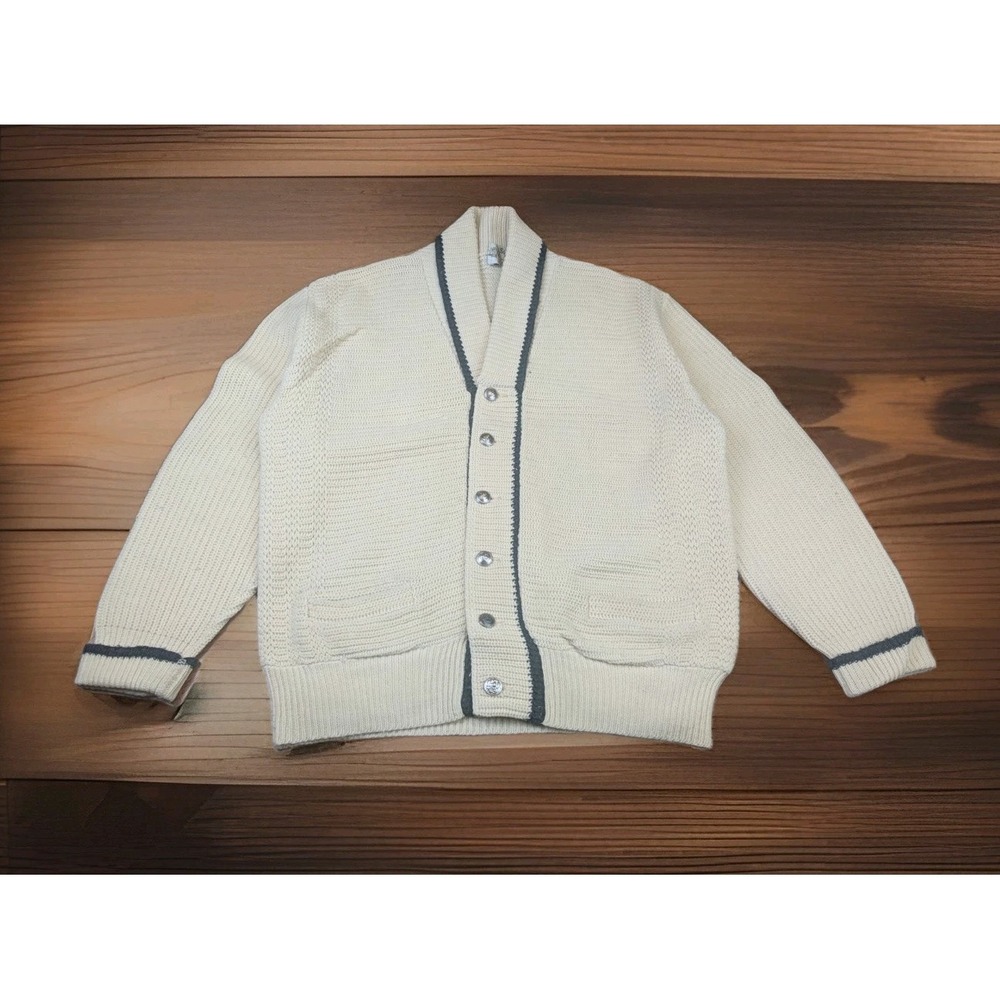 VTG Stanley Lord Knit Cardigan Size Large Cream Shawl Collar Schwartz Bros *FLAW